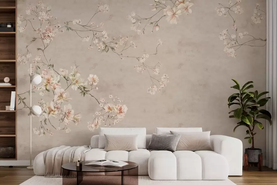 stenske poslikave Chinoiserie: nežne cvetne veje na svetlem ozadju w05427