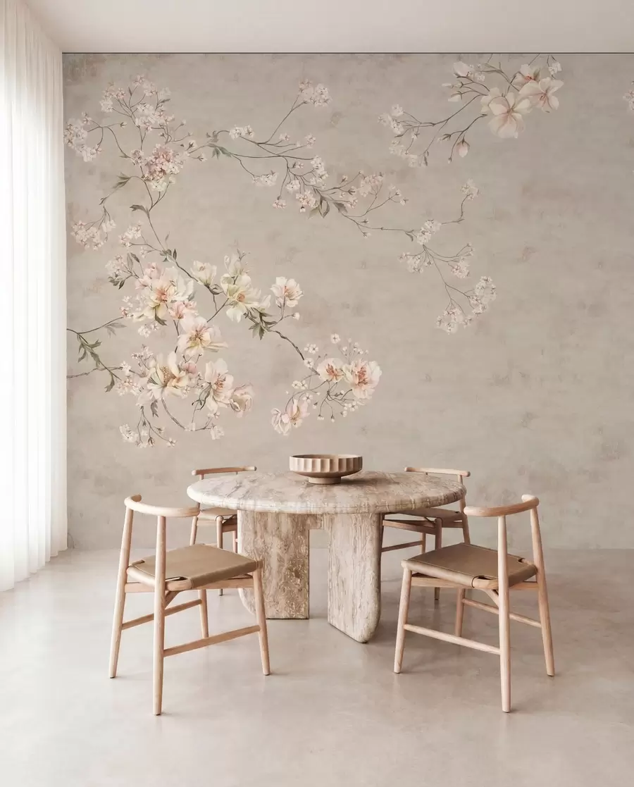 stenske poslikave Chinoiserie: nežne cvetne veje na svetlem ozadju w05427