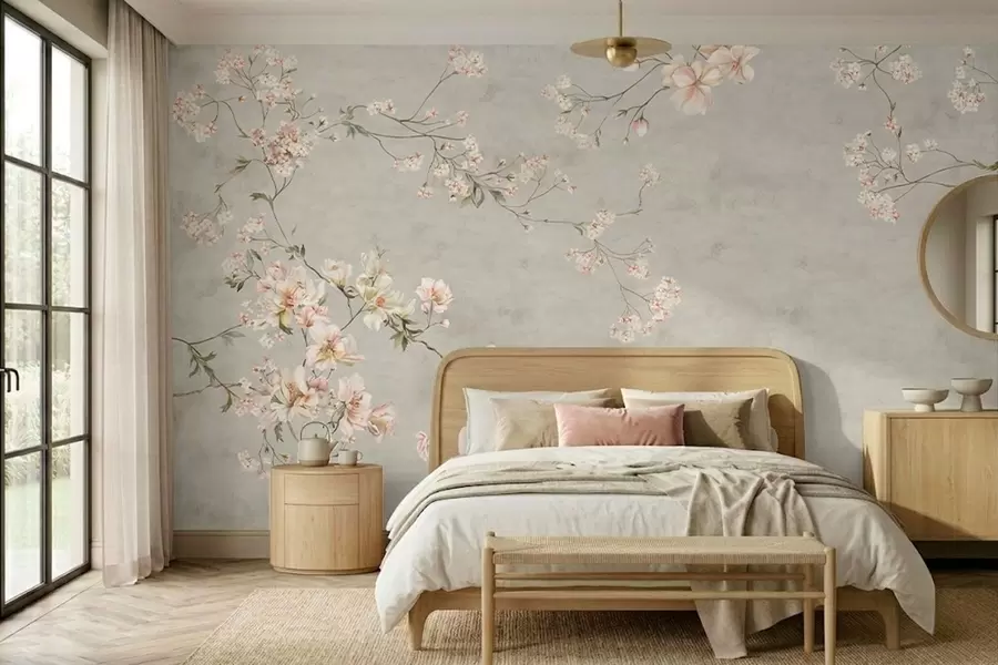 stenske poslikave Cvetlične veje v slogu chinoiserie na sivem ozadju w05427v1