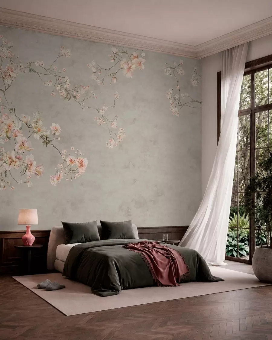 stenske poslikave Cvetlične veje v slogu chinoiserie na sivem ozadju w05427v1
