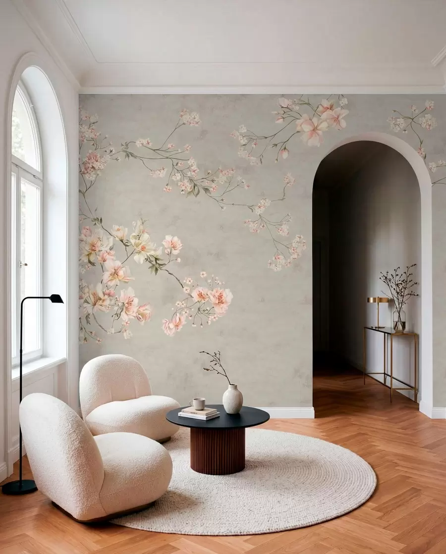 stenske poslikave Cvetlične veje v slogu chinoiserie na sivem ozadju w05427v1