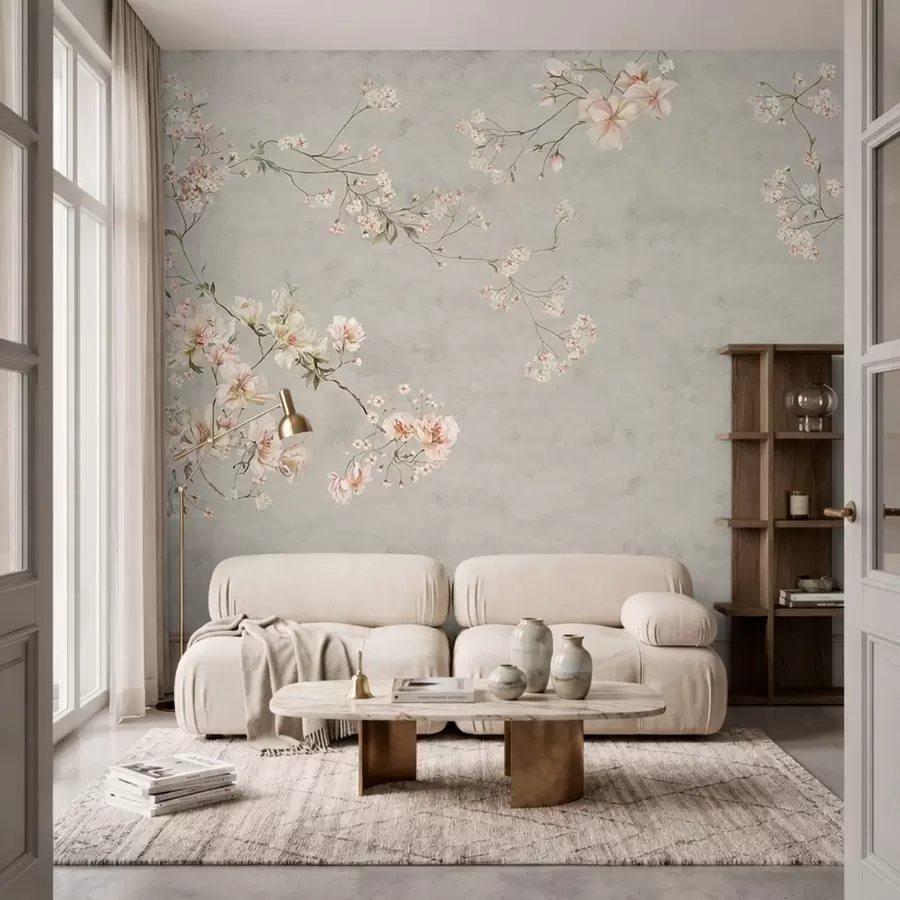 stenske poslikave Cvetlične veje v slogu chinoiserie na sivem ozadju w05427v1