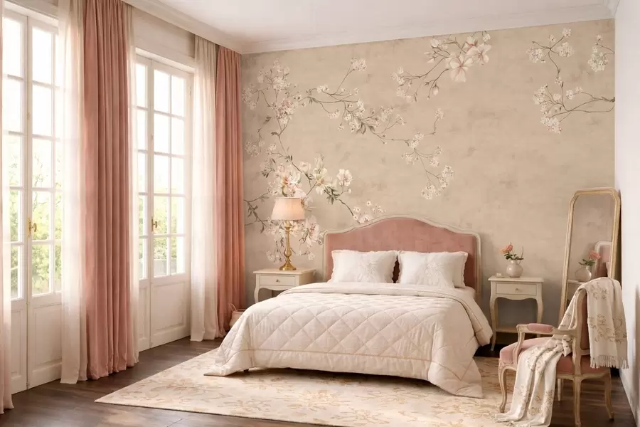stenske poslikave Cvetlične veje v slogu chinoiserie na toplem bežem ozadju w05427v2
