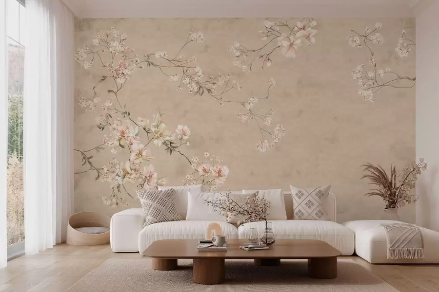 stenske poslikave Cvetlične veje v slogu chinoiserie na toplem bežem ozadju w05427v2