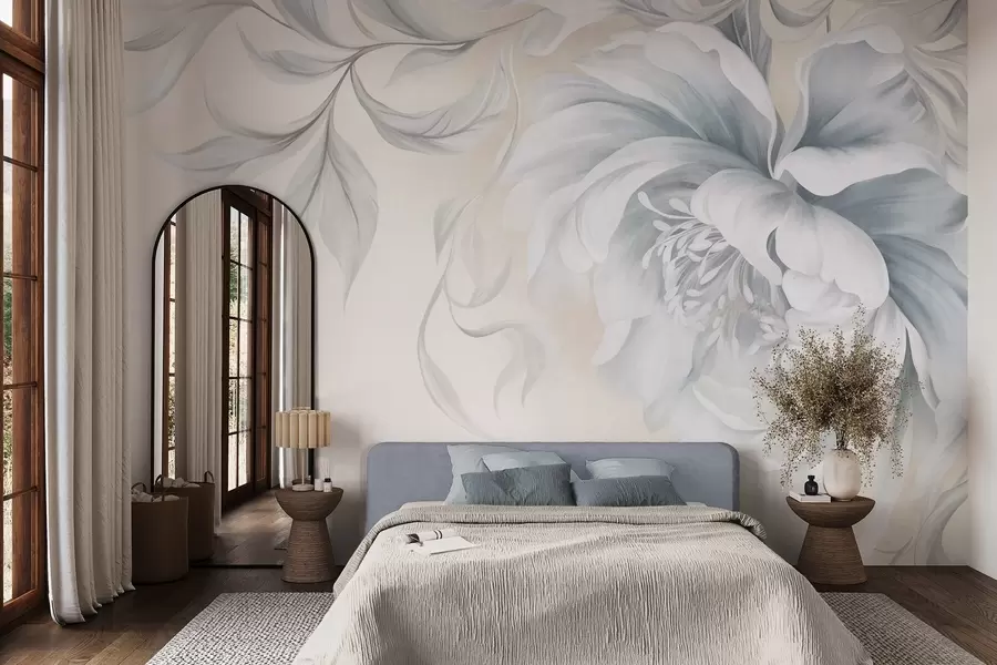 stenske poslikave Velika, reliefna potonika z nežnimi cvetnimi listi in sivimi listi, naslikana v nežnem slogu w09647