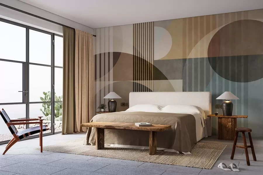 stenske poslikave Abstraktne geometrijske oblike s krogi in črtami, umirjene zemeljske barve, teksturirana, večplastna kompozicija w09834