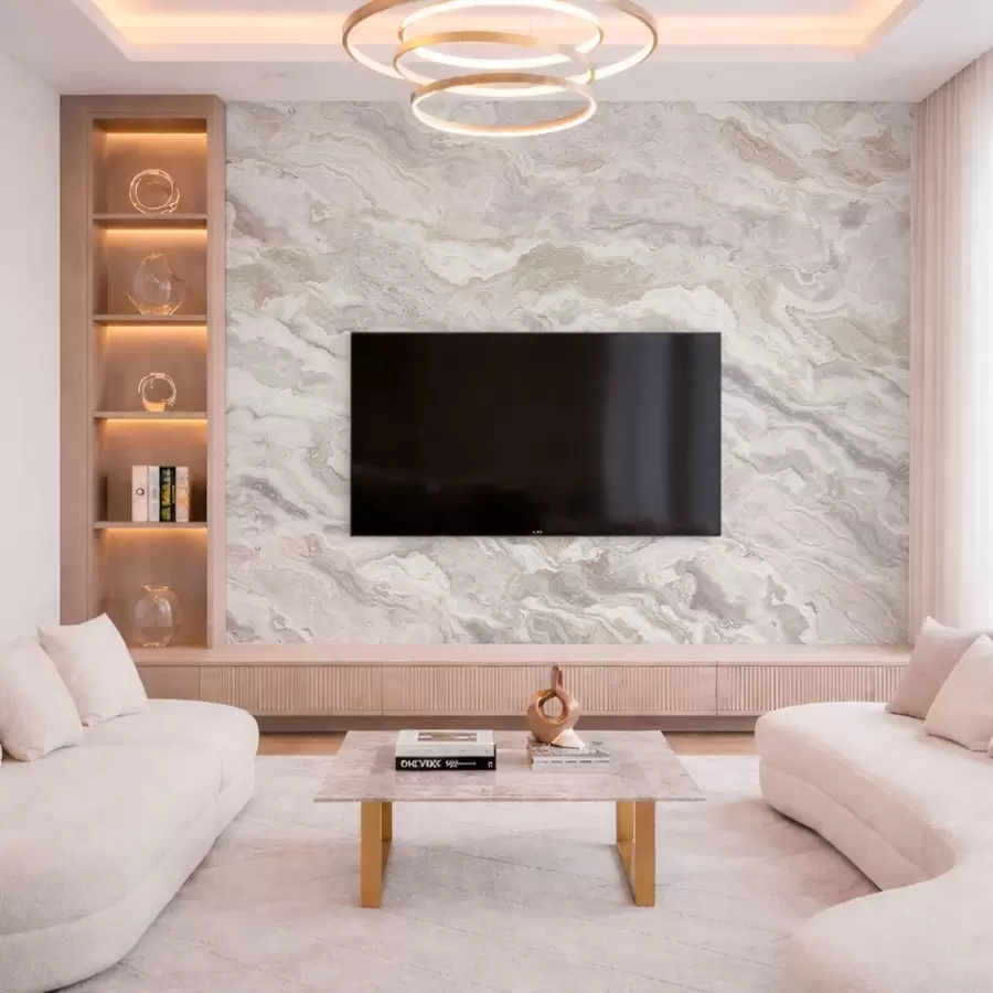 stenske poslikave Svetel oniks z bež in sivimi valovitimi sloji w05430