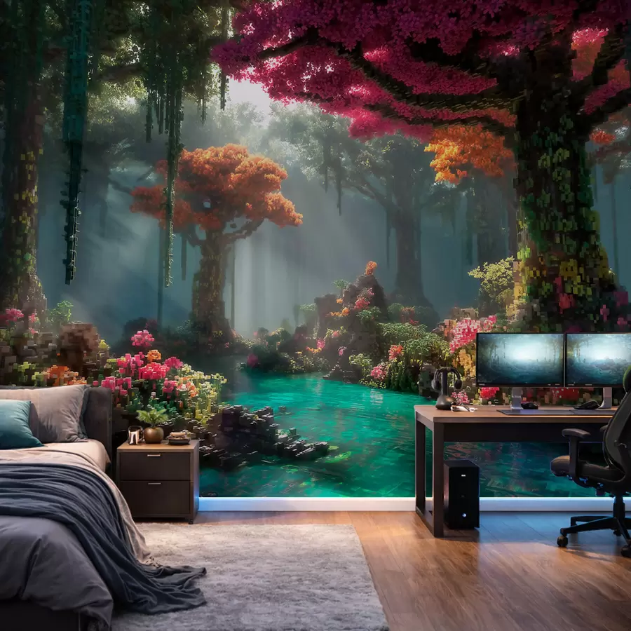 stenske poslikave Gaj v čarobnem gozdu v slogu video iger w09683