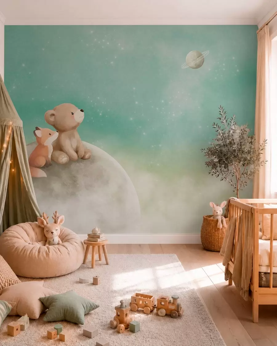 stenske poslikave Pastelna ilustracija medveda in lisice pod zelenim nebom w05431v1