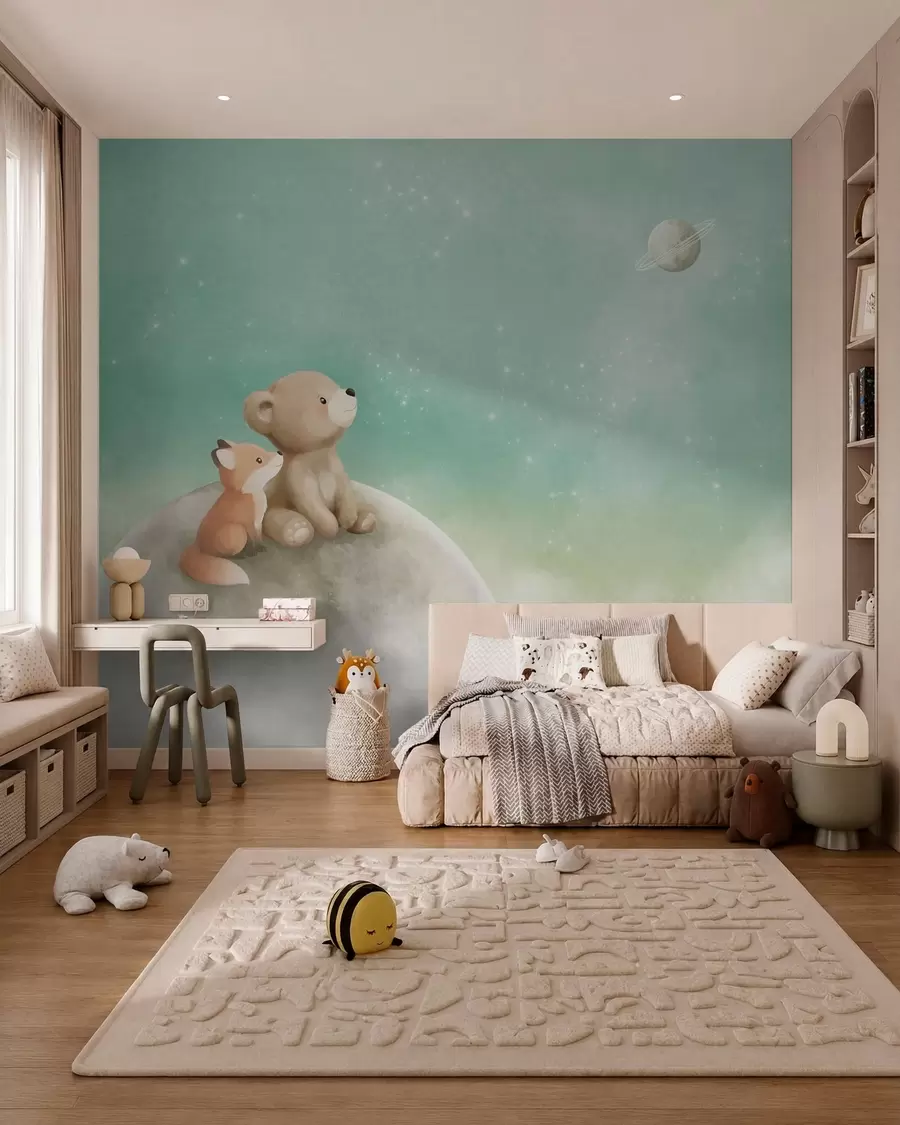 stenske poslikave Pastelna ilustracija medveda in lisice pod zelenim nebom w05431v1