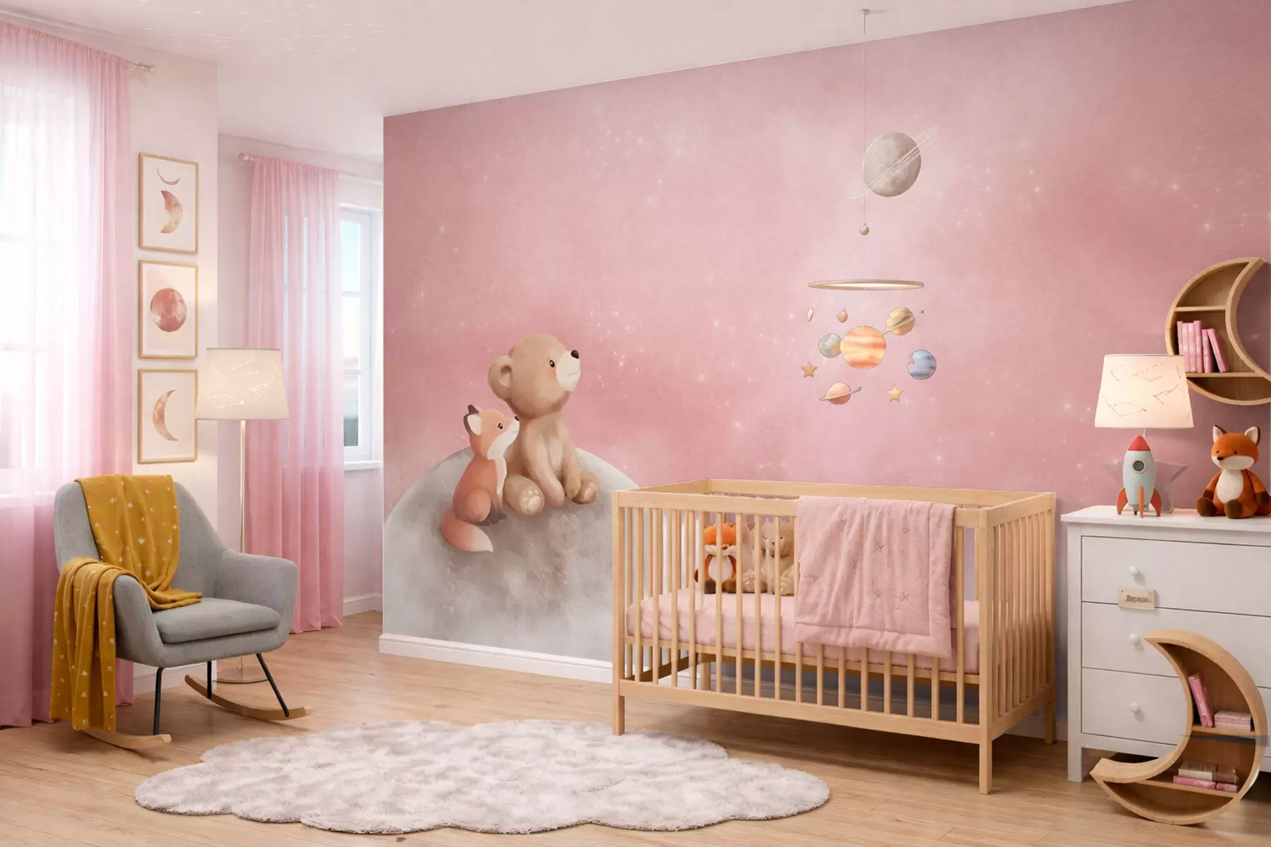stenske poslikave Pastelna ilustracija medveda in lisice na rožnatem nebu ob luni w05431v2