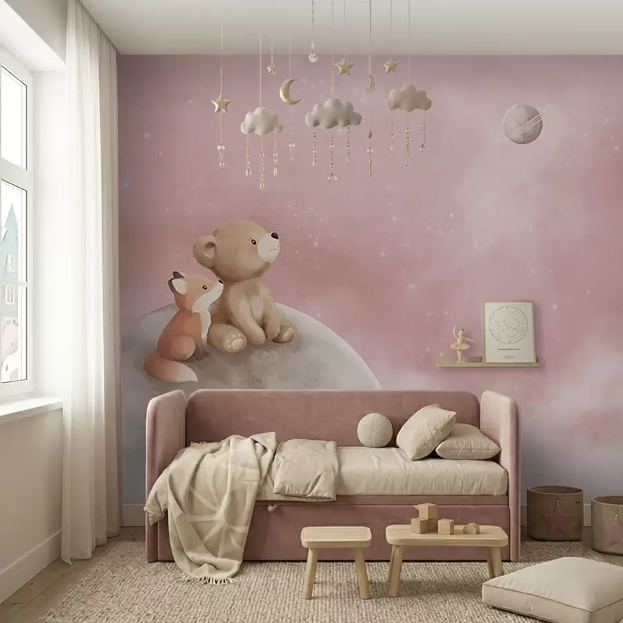 stenske poslikave Pastelna ilustracija medveda in lisice na rožnatem nebu ob luni w05431v2
