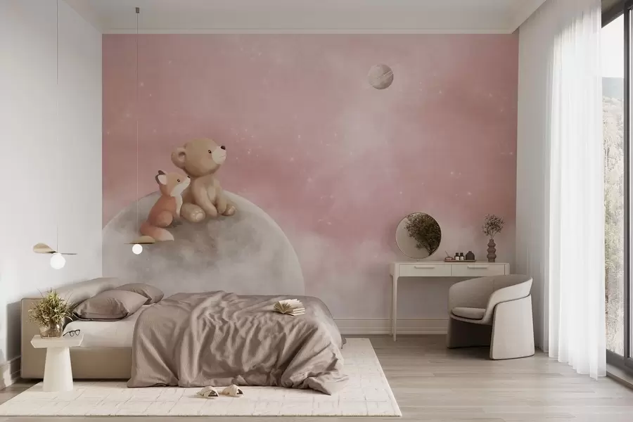 stenske poslikave Pastelna ilustracija medveda in lisice na rožnatem nebu ob luni w05431v2