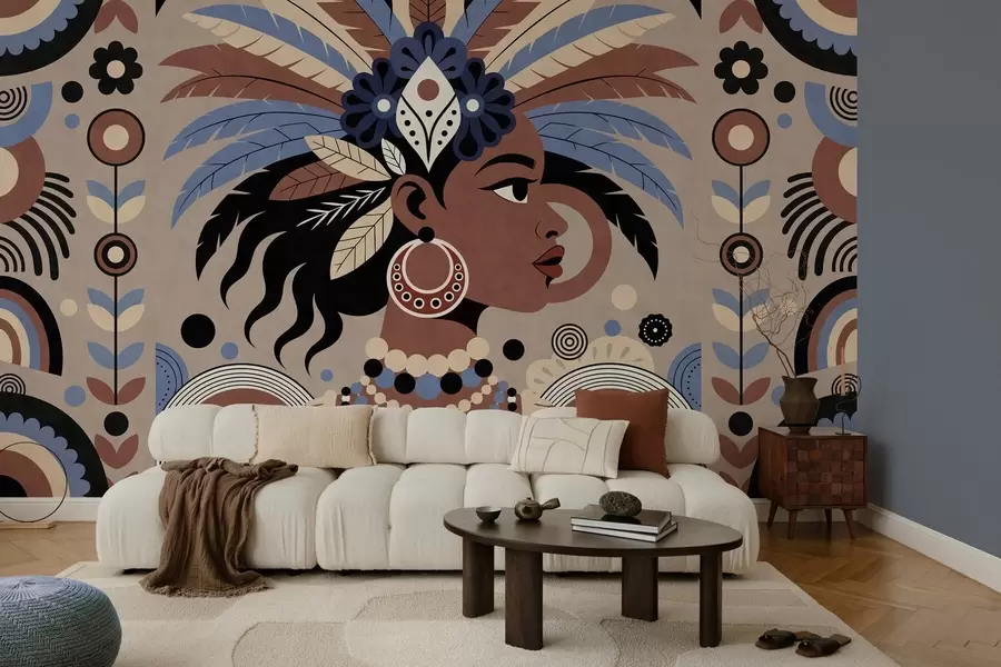 stenske poslikave eleganten dizajn v afriškem slogu v odtenkih modre in čokoladne barve w05389