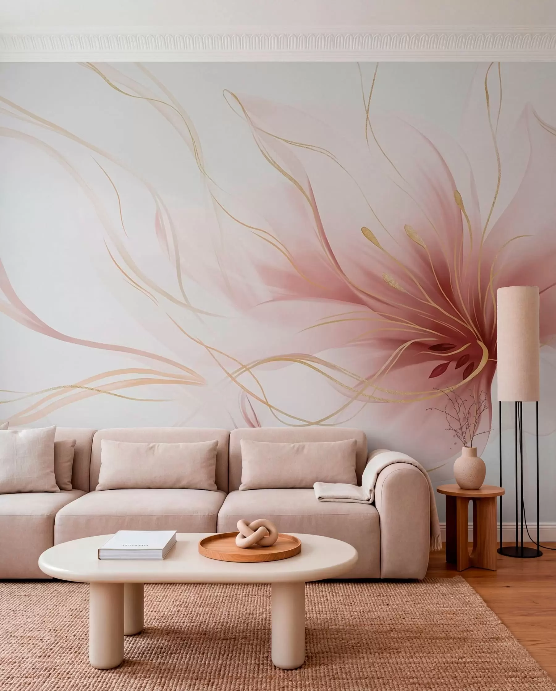 stenske poslikave Abstraktni rožnat cvet z valovitimi linijami v slogu Fluid Art w05428v1