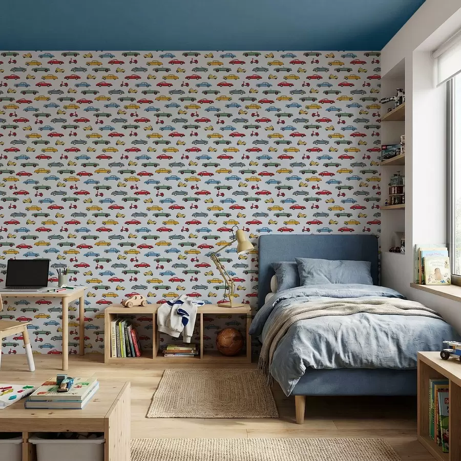 stenske poslikave Retro avtomobili in skuterji na modrem ozadju a01172v2