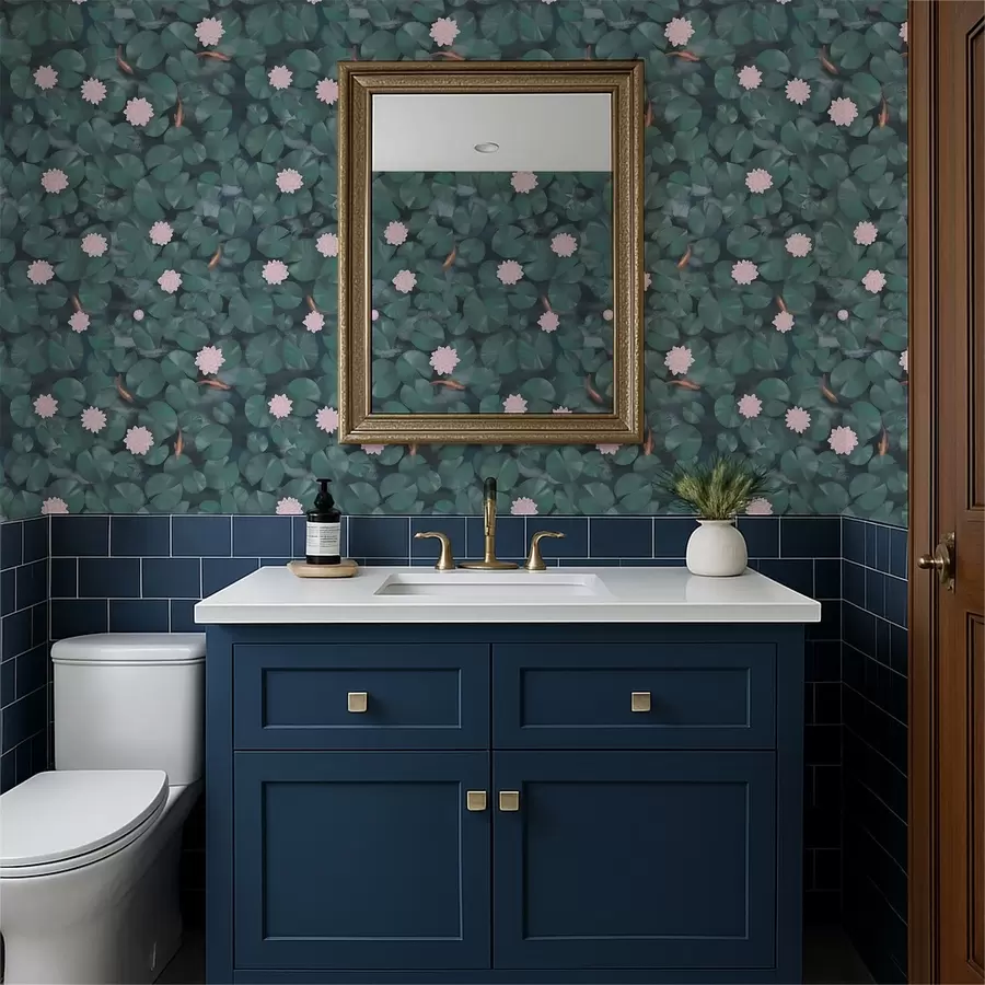 stenske poslikave Vodne lilije s cvetovi in ribami na temnem ozadju a01177