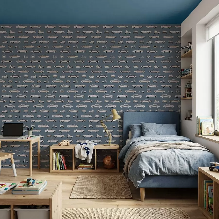 stenske poslikave Retro avtomobili in skuterji na modrem ozadju a01178