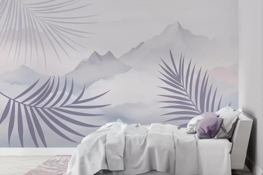 stenske poslikave Palmovi listi na ozadju gora w05548