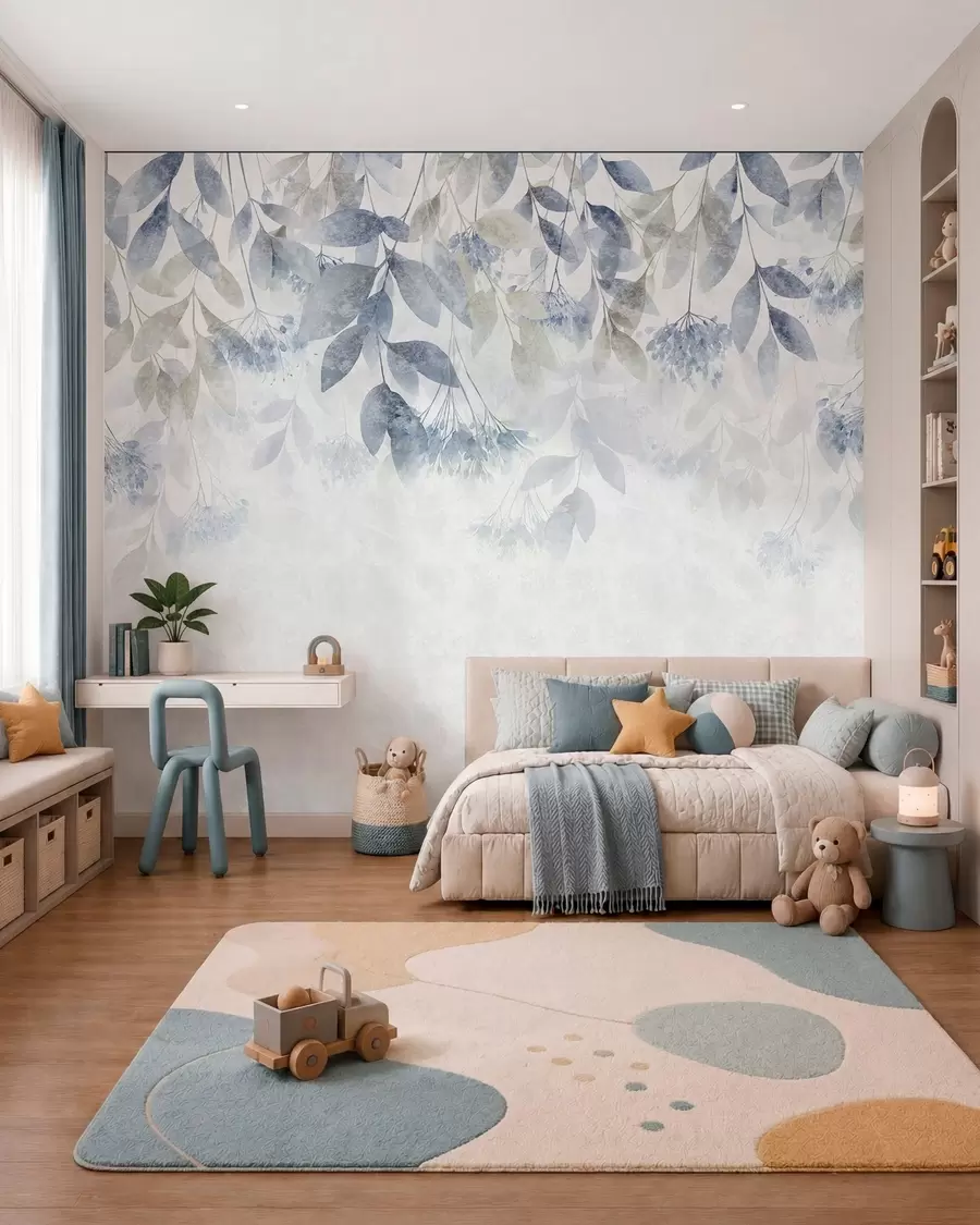 stenske poslikave Slap listja v denim modri w05565v1