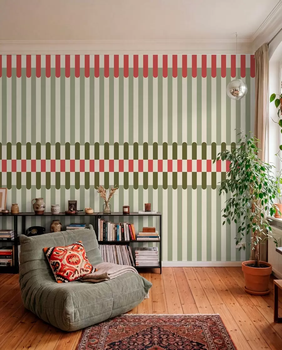 stenske poslikave Črtast vzorec v zelenih in koralnih odtenkih w05150v4