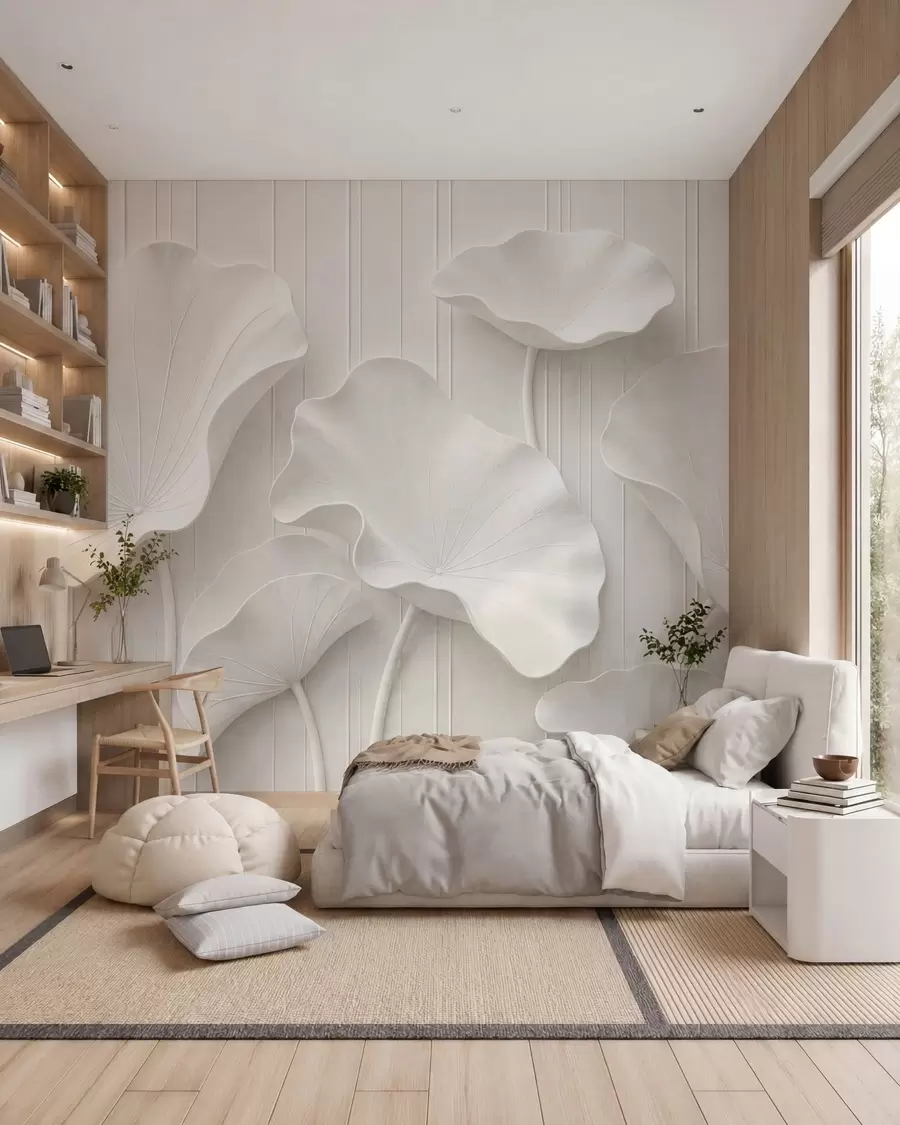 stenske poslikave Beli skulpturalni cvetlični relief s plastenimi cvetnimi listi, elegantna 3D stenska dekoracija w05604