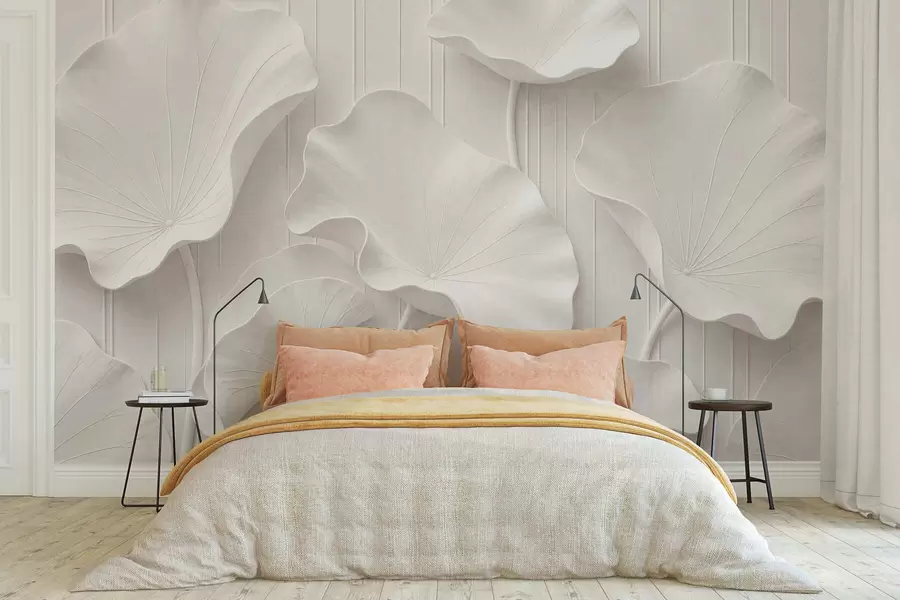 stenske poslikave Beli skulpturalni cvetlični relief s plastenimi cvetnimi listi, elegantna 3D stenska dekoracija w05604