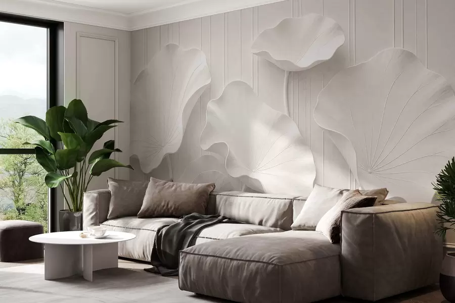 stenske poslikave Beli skulpturalni cvetlični relief s plastenimi cvetnimi listi, elegantna 3D stenska dekoracija w05604