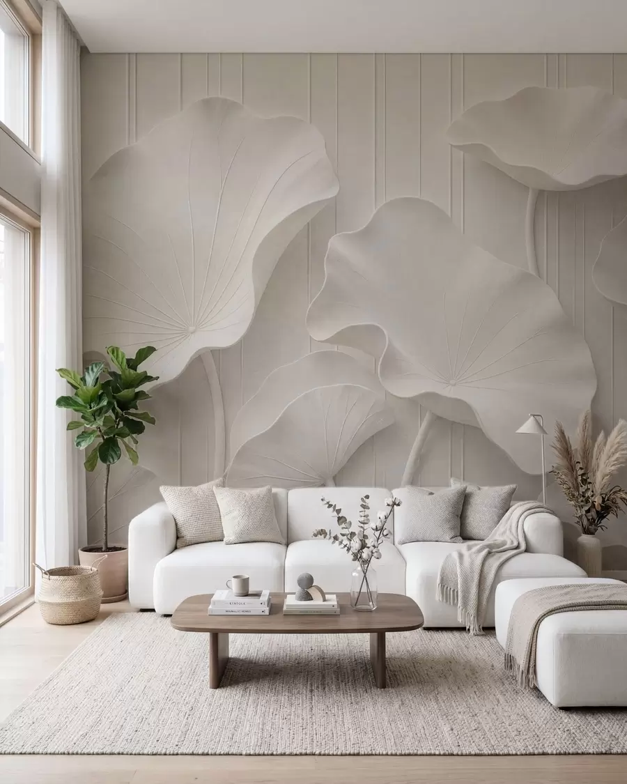 stenske poslikave Beli skulpturalni cvetlični relief s plastenimi cvetnimi listi, elegantna 3D stenska dekoracija w05604