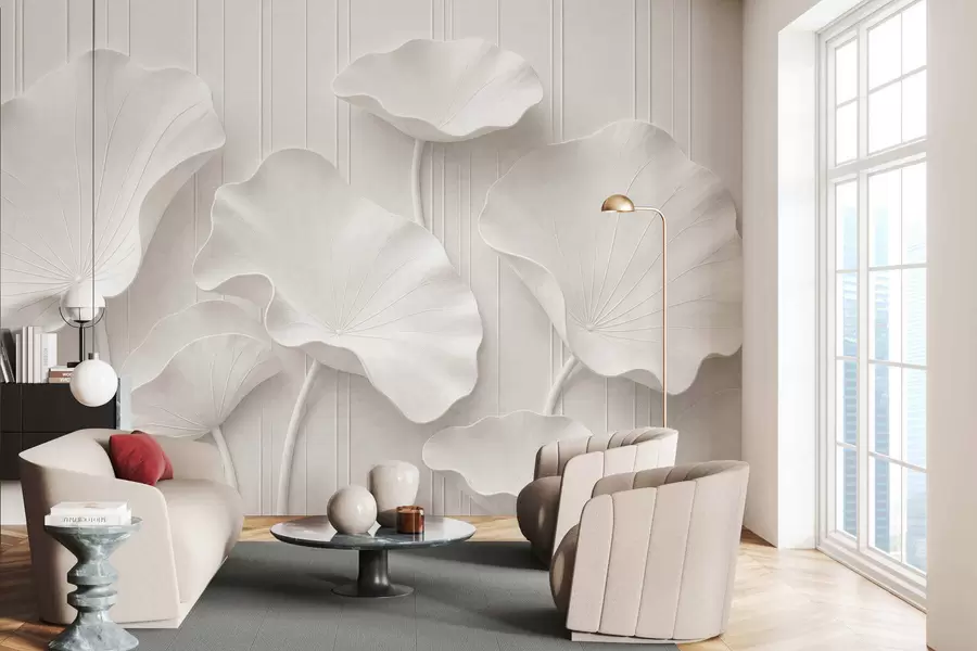 stenske poslikave Beli skulpturalni cvetlični relief s plastenimi cvetnimi listi, elegantna 3D stenska dekoracija w05604