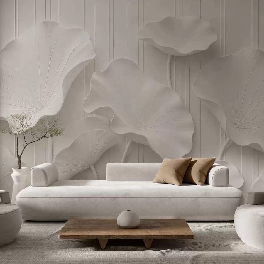 stenske poslikave Beli skulpturalni cvetlični relief s plastenimi cvetnimi listi, elegantna 3D stenska dekoracija w05604