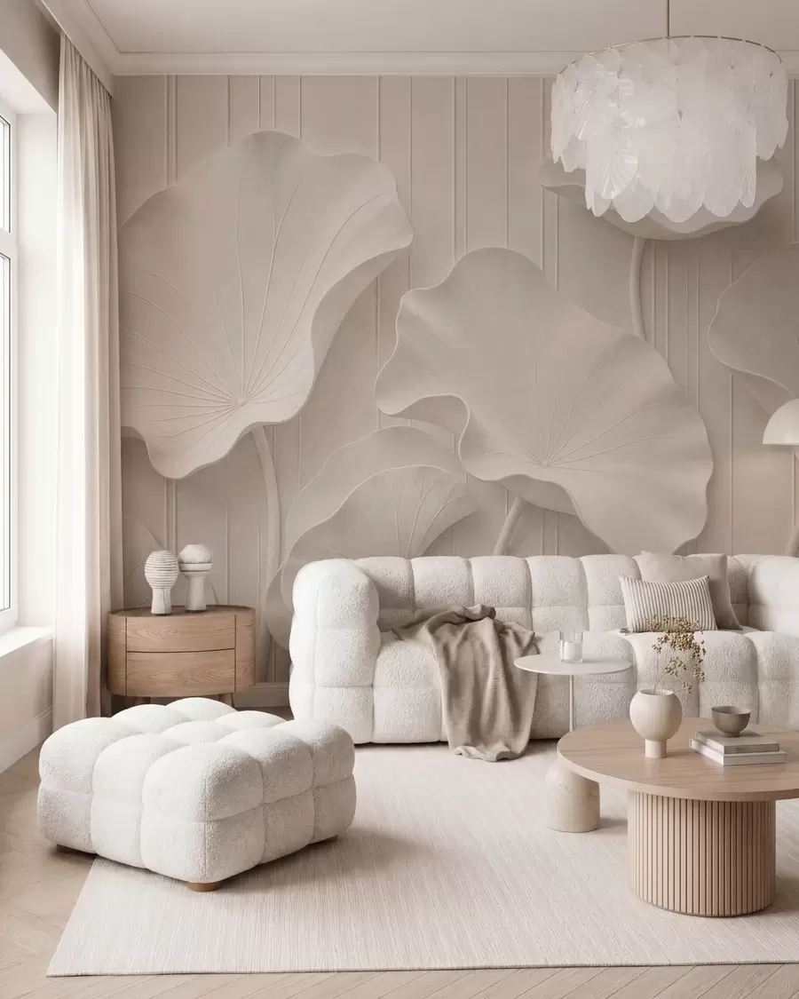 stenske poslikave Beli skulpturalni cvetlični relief s plastenimi cvetnimi listi, elegantna 3D stenska dekoracija w05604