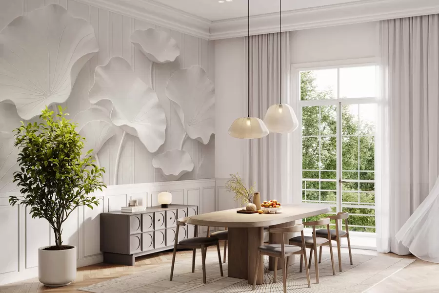 stenske poslikave Beli skulpturalni cvetlični relief s plastenimi cvetnimi listi, elegantna 3D stenska dekoracija w05604