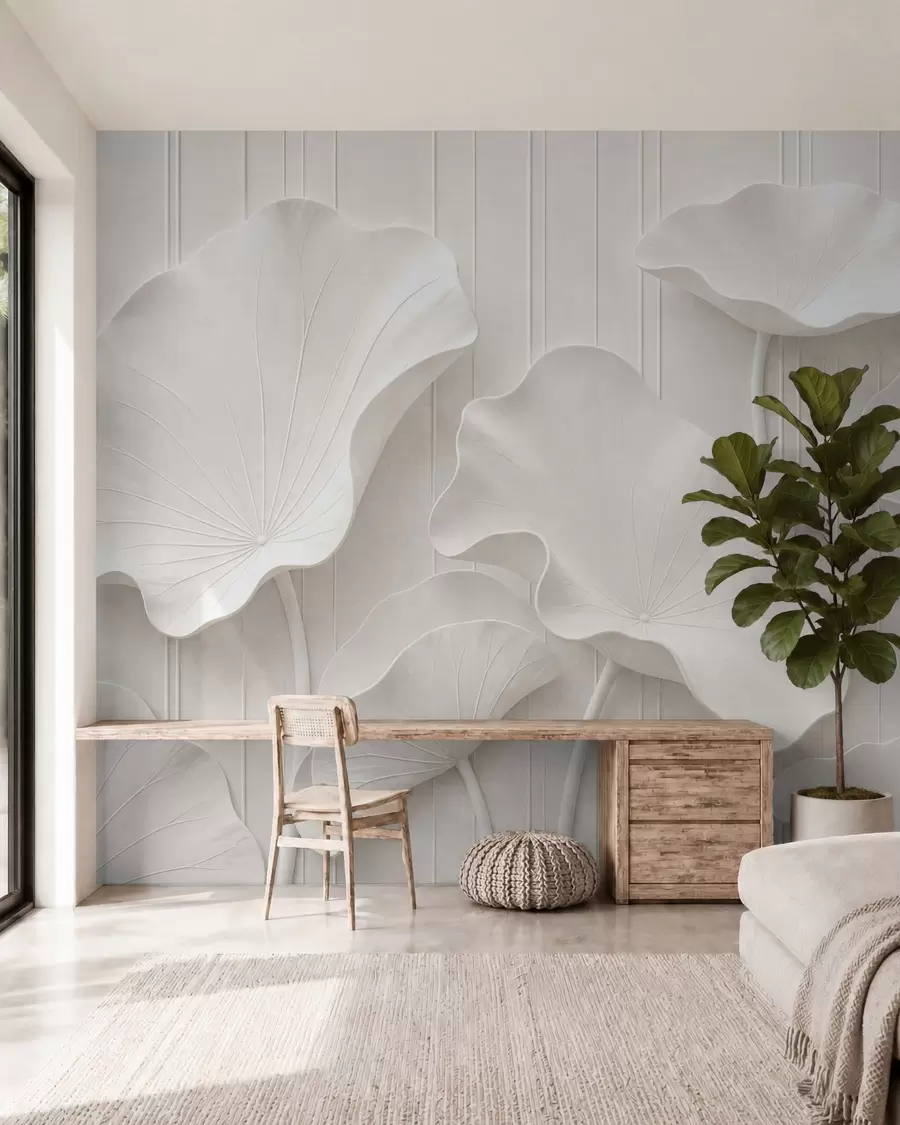stenske poslikave Beli skulpturalni cvetlični relief s plastenimi cvetnimi listi, elegantna 3D stenska dekoracija w05604