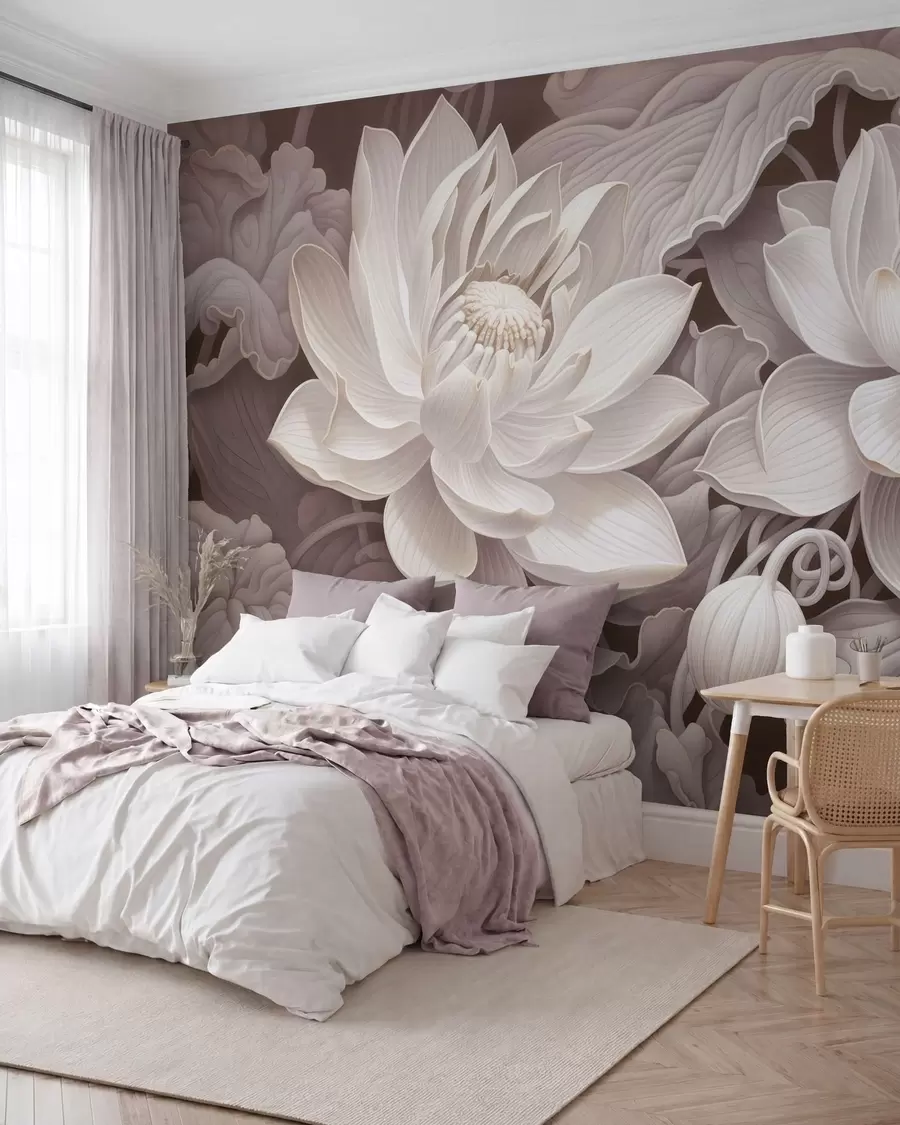 stenske poslikave Retro lotusovi cvetovi v nežnih sepiastih odtenkih z izrazitimi cvetnimi listi, umetniška botanična ilustracija w05494v1