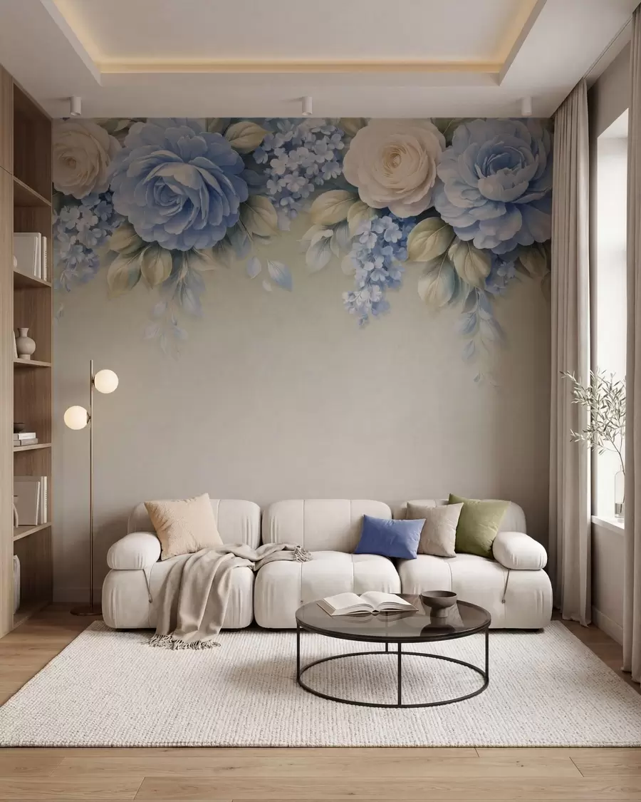 stenske poslikave Nežne vrtnice in cvetni šopki v botanični kompoziciji, navdihnjeni s porcelanom, z mehkimi, plastovitimi cvetnimi listi in elegantnimi, valovitimi listi w05495