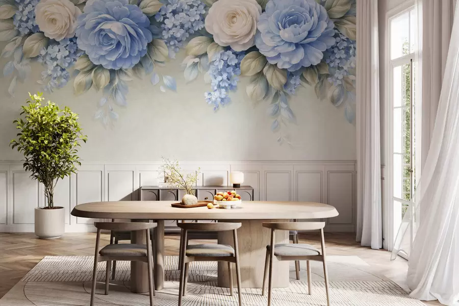 stenske poslikave Nežne vrtnice in cvetni šopki v botanični kompoziciji, navdihnjeni s porcelanom, z mehkimi, plastovitimi cvetnimi listi in elegantnimi, valovitimi listi w05495