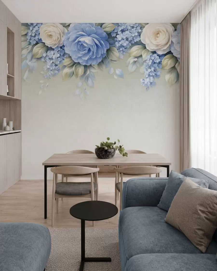 stenske poslikave Nežne vrtnice in cvetni šopki v botanični kompoziciji, navdihnjeni s porcelanom, z mehkimi, plastovitimi cvetnimi listi in elegantnimi, valovitimi listi w05495