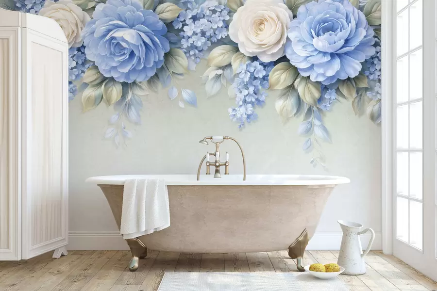 stenske poslikave Nežne vrtnice in cvetni šopki v botanični kompoziciji, navdihnjeni s porcelanom, z mehkimi, plastovitimi cvetnimi listi in elegantnimi, valovitimi listi w05495