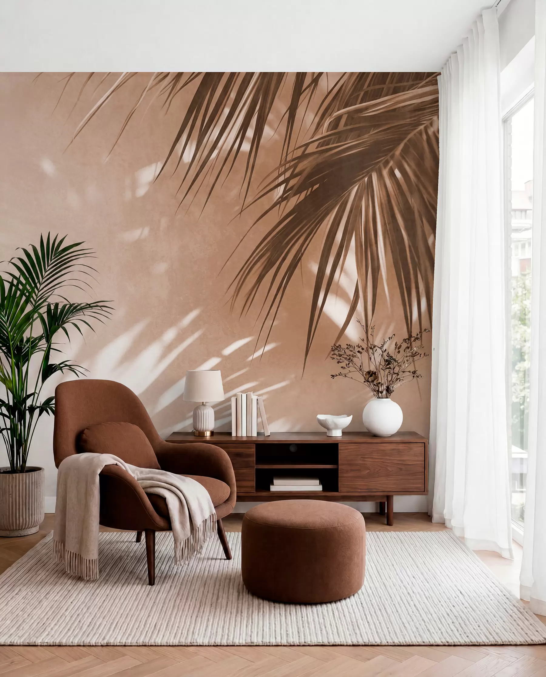 stenske poslikave Teksturirani palmovi listi s sencami, tropsko vzdušje, minimalizem w09890