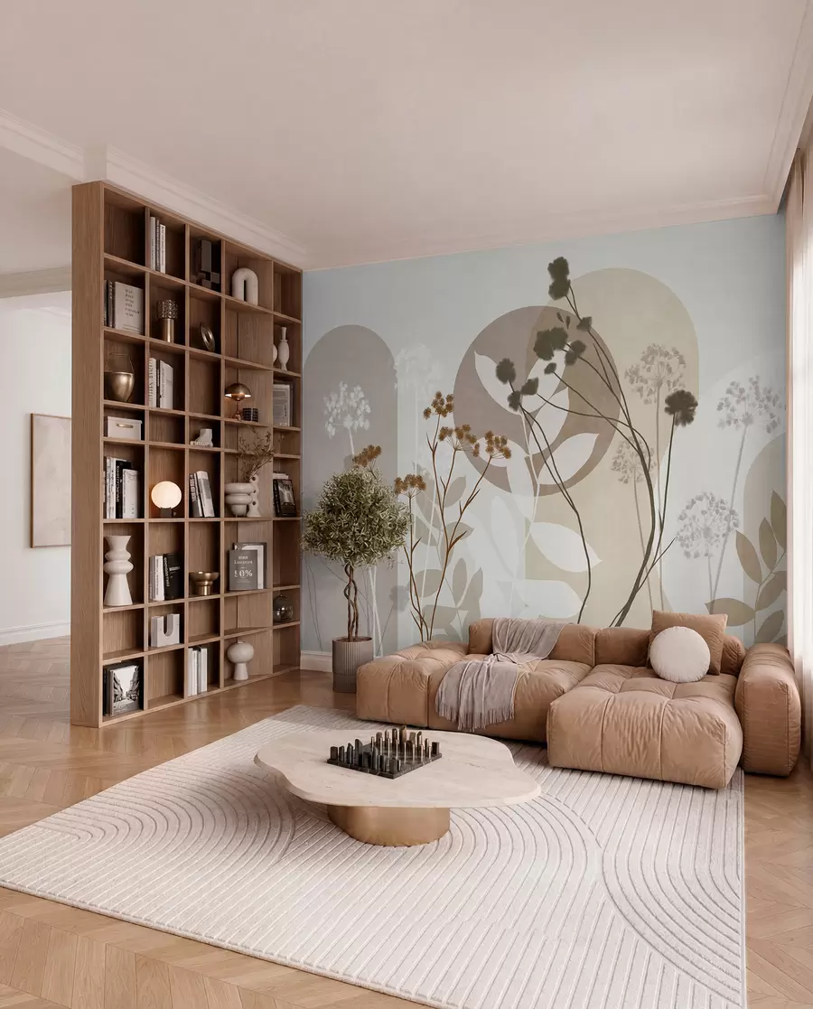 stenske poslikave Botanična in minimalistična kompozicija iz sušenih cvetov in listov z abstraktnimi geometrijskimi motivi w09906
