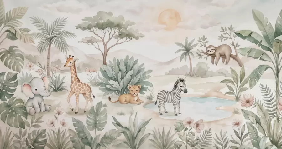 stenske poslikave Akrilna slika safari prizora z živalmi v nežnih pastelnih odtenkih, na kateri so žirafa, slonček, zebra in levček w09888