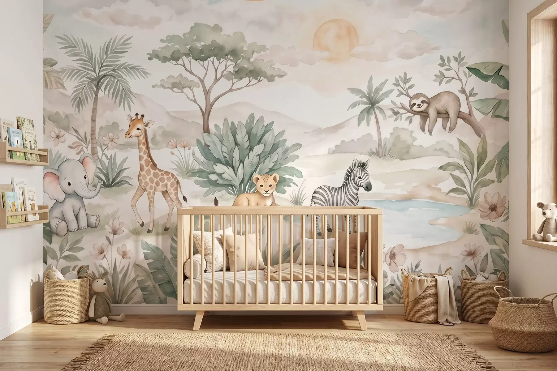 stenske poslikave Akrilna slika safari prizora z živalmi v nežnih pastelnih odtenkih, na kateri so žirafa, slonček, zebra in levček w09888