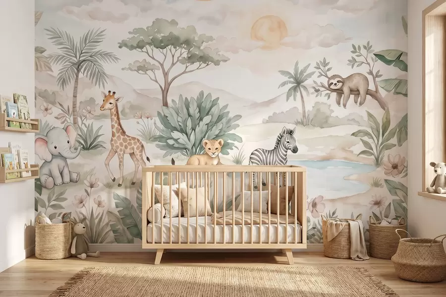 stenske poslikave Akrilna slika safari prizora z živalmi v nežnih pastelnih odtenkih, na kateri so žirafa, slonček, zebra in levček w09888