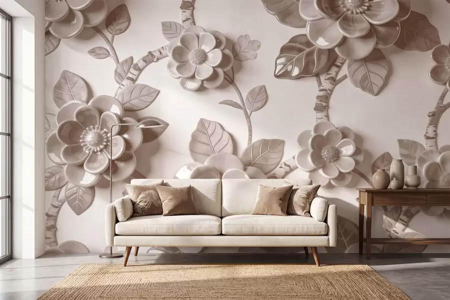 stenske poslikave Eleganten bež aranžma iz plastično oblikovanih tridimenzionalnih cvetov w09887v1