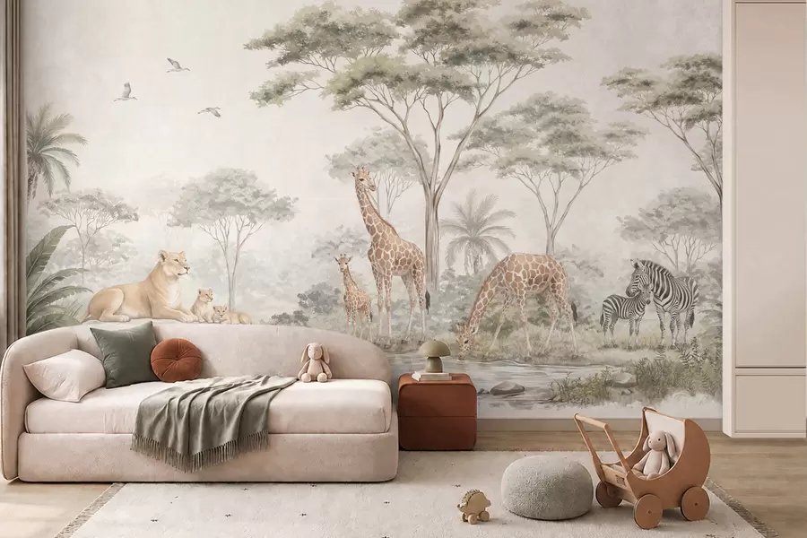 stenske poslikave Safari z žirafami, levi, zebrami in tropskimi drevesi w05804