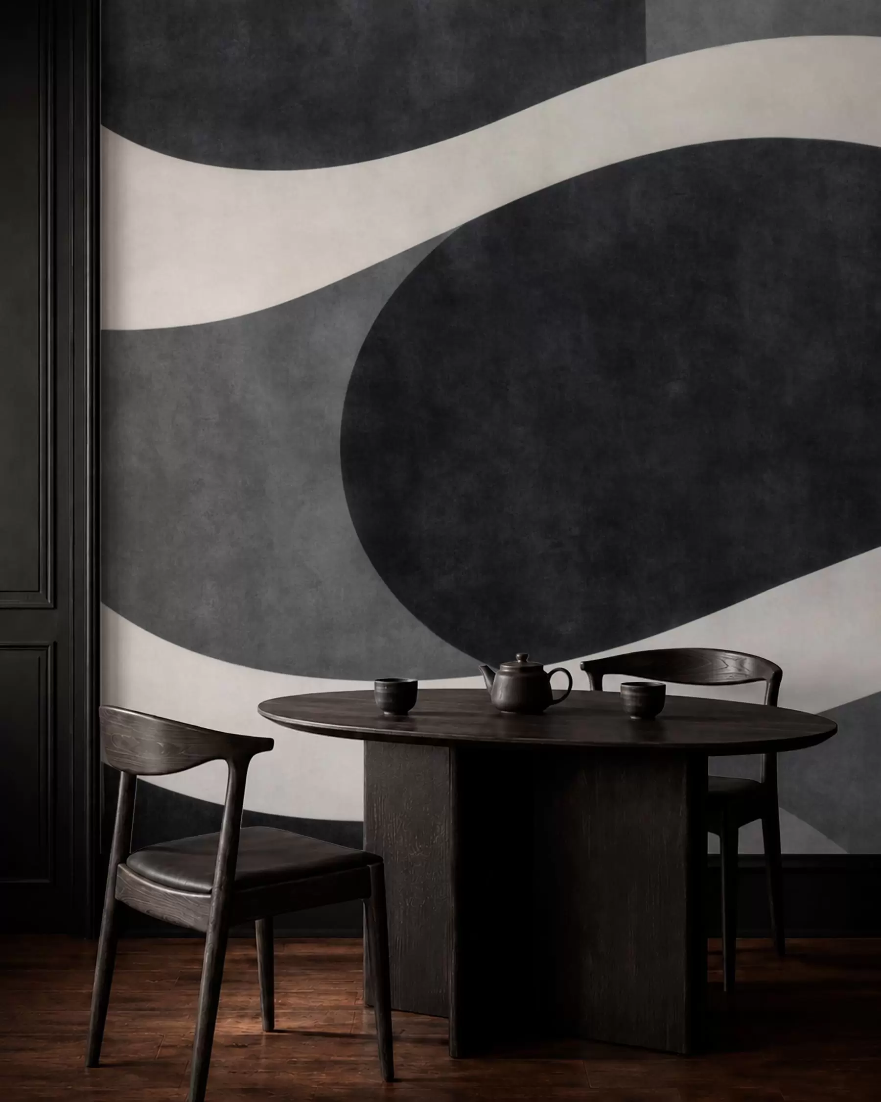 stenske poslikave Grafit z valovitimi svetlimi valovi nad temno ogljem sivimi oblikami w05854