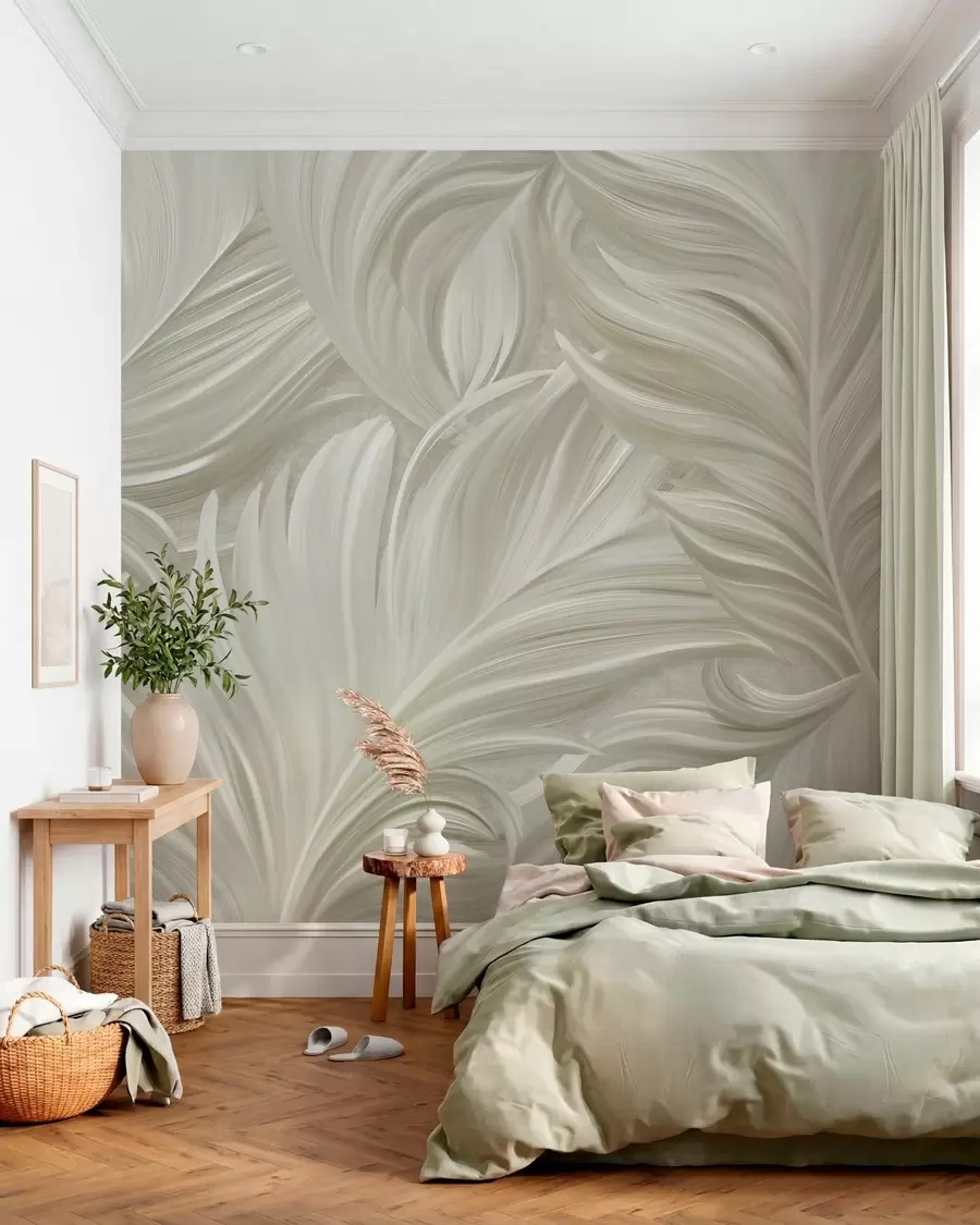 stenske poslikave Veliko, pobarvano, ukrivljeno pero v odtenkih hladne bež barve w05757v2