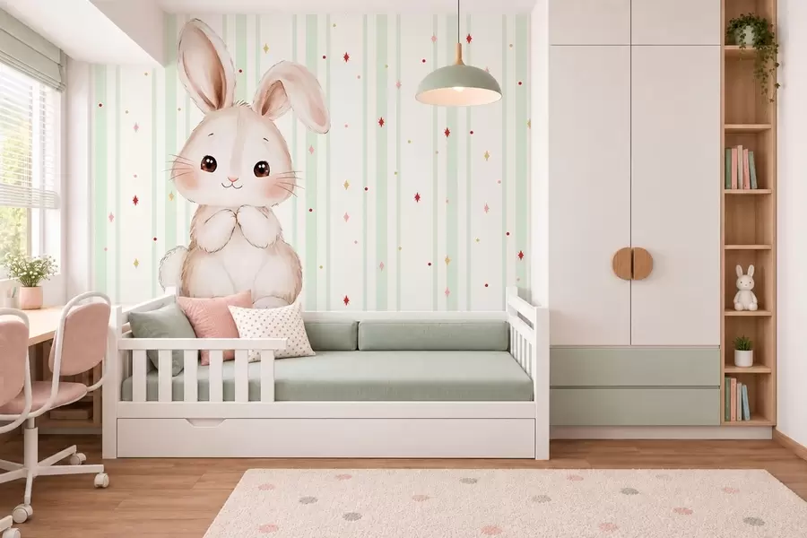 stenske poslikave Simpatičen zajček na ozadju zelenih črt in svetlih zvezd w05920v2