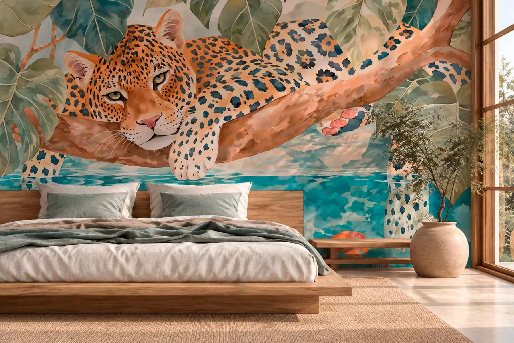 stenske poslikave Leopard na veji nad vodo s pisanimi ribami w05954